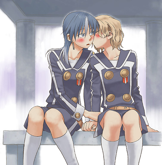blush, cheek_kiss, closed_eyes, earrings, hayate_x_blade, holding_hands, jewelry, kijimiya_otoha, kiss, mknown, mori_(unknown.), multiple_girls, sagara_michi, school_uniform, sitting, socks, yuri