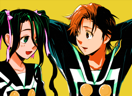 2girls, arms_behind_head, buttons, green_eyes, green_hair, hayate_x_blade, inugami_isuzu, kibi_momoka