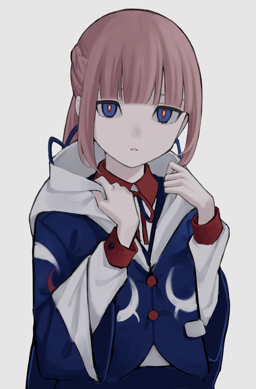 1girl, blue_eyes, blue_jacket, blunt_bangs, collared_shirt, commentary, expressionless, half_updo