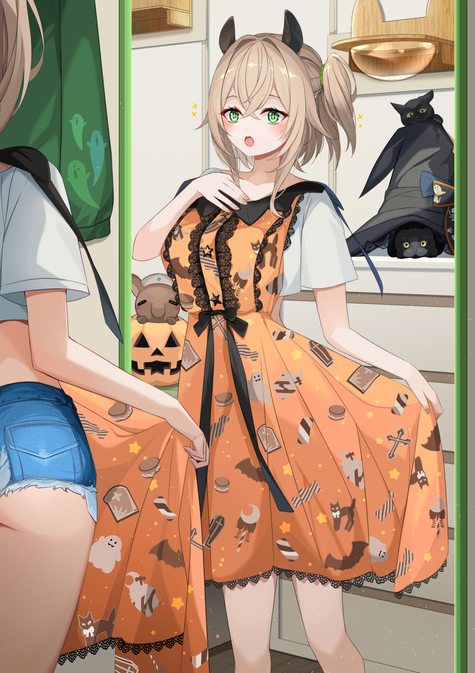 1girl, :o, animal_ears, artemis_(nimi_nightmare), baby_bean_(nimi_nightmare), black_hat, blonde_hair, blue_shorts, cat, collared_shirt, commentary, crossed_bangs, denim, denim_shorts, double-parted_bangs, dress, frayed_shorts, green_eyes, hair_between_eyes, hat, highres, holding, holding_unworn_clothes, indie_virtual_youtuber, indoors, jack-o'-lantern, lace-trimmed_dress, lace_trim, looking_at_mirror, looking_at_reflection, mirror, nimi_nightmare, nimi_nightmare_(tapir), one_side_up, open_mouth, orange_dress, print_dress, shirt, short_hair, short_shorts, shorts, sleeveless, sleeveless_dress, solo, sora_no_tori, standing, t-shirt, tapir_ears, tapir_girl, unworn_dress, unworn_hat, unworn_headwear, virtual_youtuber, white_shirt, witch_hat