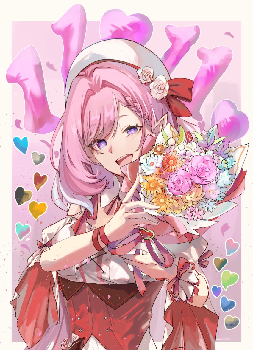 1girl, beret, diamond-shaped_pupils, diamond_(shape), elf, elysia_(hi_love_elf)_(honkai_impact), elysia_(honkai_impact), gonnbe_fofo, hat, highres, honkai_(series), honkai_impact_3rd, long_hair, pink_hair, pointy_ears, smile, solo, symbol-shaped_pupils, very_long_hair, violet_eyes