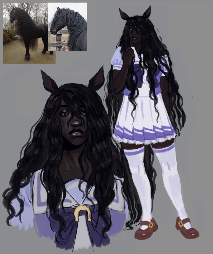 1girl, animal_ears, black_hair, blue_eyes, bow, bowtie, brown_shoes, closed_mouth
