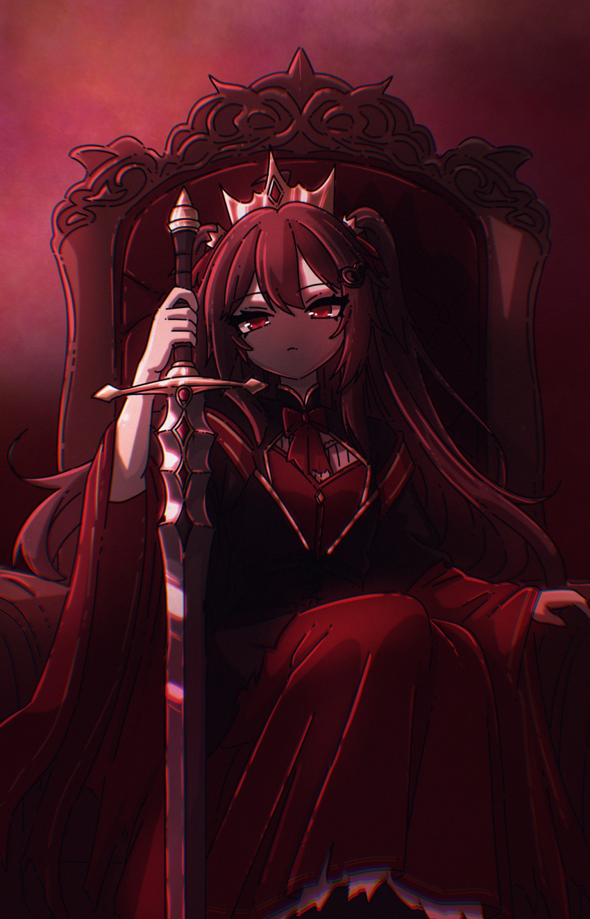 1girl, absurdres, alternate_costume, bow, bowtie, broken_heart, broken_heart_hair_ornament, closed_mouth, commentary, costume_request, crown, dress, english_commentary, evil_neuro-sama, feet_out_of_frame, hair_between_eyes, heart, highres, holding, holding_sword, holding_weapon, indoors, long_dress, long_hair, long_sleeves, nythlinvt, red_bow, red_bowtie, red_dress, red_eyes, sidelighting, sitting, solo, sword, throne, two_side_up, vedal_ai, virtual_youtuber, weapon