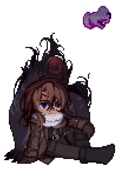 1boy, black_pants, brown_coat, brown_gloves, brown_hair, coat, dullahan_(project_moon), gloves, hand_up, heathcliff_(project_moon), knee_up, limbus_company, long_hair, mercuryhx, pants, pixel_art, project_moon, scarf, sitting, solo, translation_request, violet_eyes, white_scarf, wuthering_heights_(identity)_(project_moon)