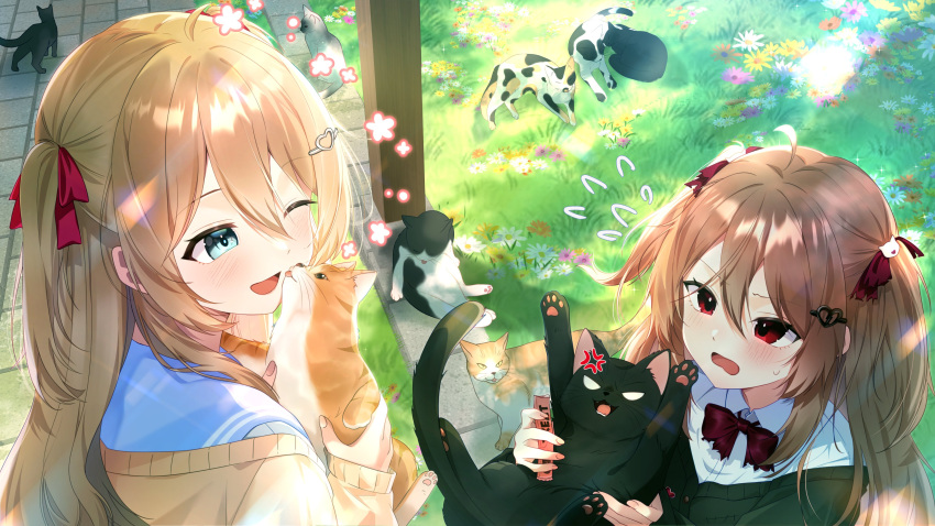 2girls, absurdres, ahoge, animal, black_cardigan, black_cat, blue_sailor_collar, bow