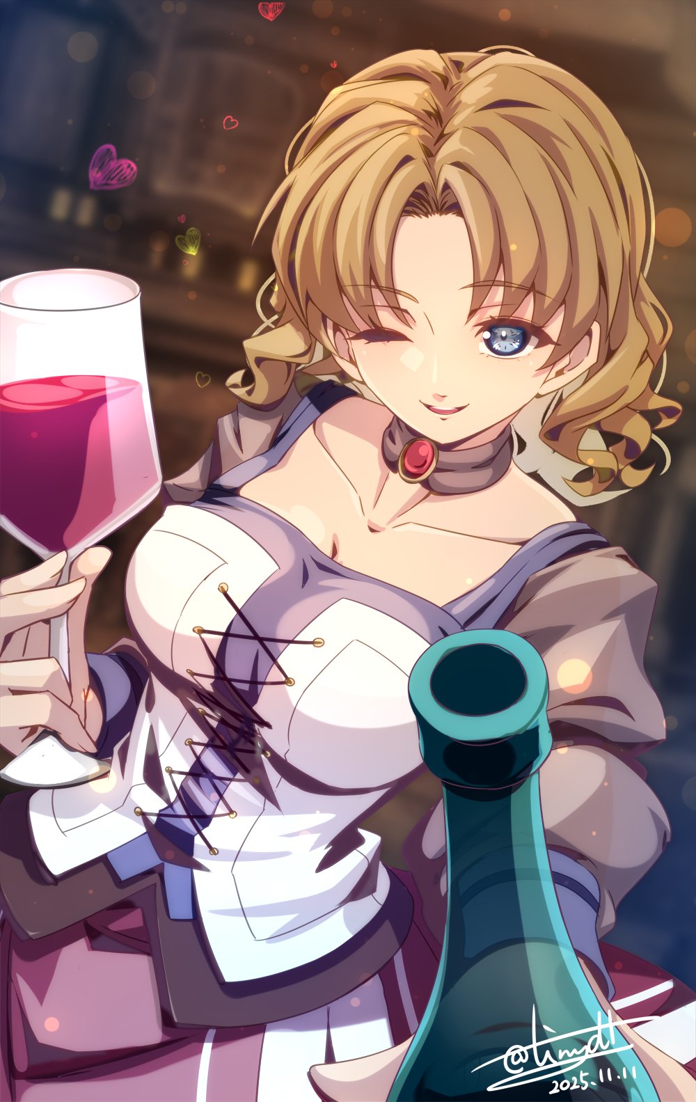 1girl, aina_holden, bar_(place), blue_eyes, blurry, blurry_background, bodice, bottle, breasts, brown_hair, choker, commentary_request, cup, dated, drinking_glass, eiyuu_densetsu, highres, holding, holding_bottle, holding_cup, indoors, large_breasts, long_hair, long_sleeves, looking_at_viewer, one_eye_closed, parted_bangs, parted_lips, signature, smile, solo, sora_no_kiseki, tinybiard, twitter_username, upper_body, wine_bottle, wine_glass