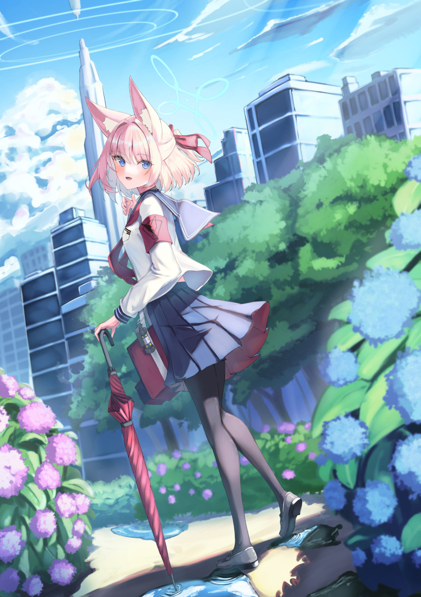 1girl, :d, aki_tsune, animal_ear_fluff, animal_ears, armband, black_pantyhose, black_sailor_collar, black_shoes, black_skirt, blue_archive, blue_eyes, blue_flower, blue_halo, blue_sky, blunt_bangs, blush, clouds, commentary, cumulonimbus_cloud, day, dutch_angle, eyes_visible_through_hair, floating_hair, flower, fox_ears, fox_girl, from_side, full_body, hair_intakes, hair_ribbon, half_updo, halo, highres, holding, holding_umbrella, loafers, long_sleeves, looking_at_viewer, medium_hair, miniskirt, neckerchief, niko_(blue_archive), open_mouth, outdoors, pantyhose, park, pink_hair, pleated_skirt, ponytail, puddle, purple_flower, red_armband, red_neckerchief, red_ribbon, red_umbrella, ribbon, ripples, sailor_collar, scenery, school_uniform, serafuku, shirt, shoes, short_ponytail, skirt, sky, smile, solo, tree, umbrella, white_shirt