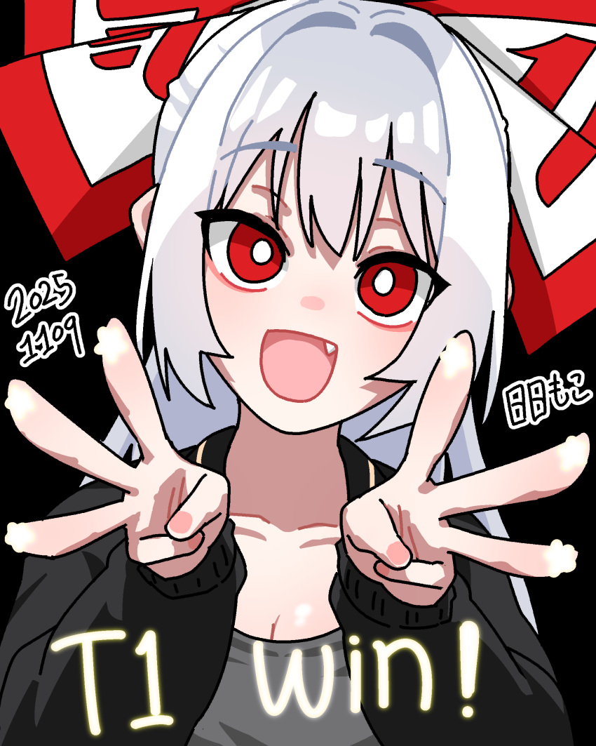 1girl, :d, absurdres, alternate_costume, black_background, black_jacket, bow, bright_pupils, collarbone, commentary_request, dated, double_middle_w, fang, fujiwara_no_mokou, grey_hair, grey_shirt, hair_bow, highres, jacket, long_hair, middle_w, neophyte, open_mouth, raised_eyebrows, red_bow, red_eyes, shirt, simple_background, smile, solo, star_(symbol), touhou, upper_body, w, white_bow, white_pupils