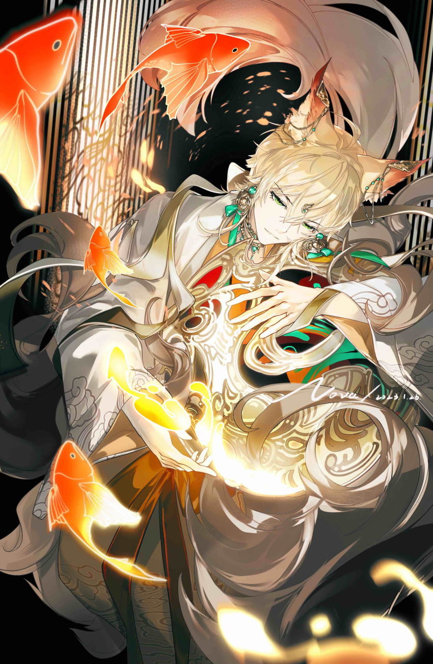 1boy, absurdres, alkaid_mcgrath, alkaid_mcgrath_(myths_wonders), animal_ear_piercing, animal_ears, blonde_hair, chinese_clothes, chinese_commentary, cloud_print, dated, ear_covers, earrings, fish, forehead_jewel, fox_boy, fox_ears, fox_tail, gem, gold_collar, gold_earrings, goldfish, green_eyes, green_gemstone, green_ribbon, hair_between_eyes, hanfu, highres, hugging_object, implied_extra_ears, jewelry, kemonomimi_mode, long_sleeves, looking_at_viewer, lovebrush_chronicles, male_focus, medium_hair, multiple_tails, nnnnnova, official_alternate_costume, parted_lips, pillar, procreate_(medium), red_sash, ribbon, ribbon_earrings, sash, smile, solo, tail, upper_body, wide_sleeves, xiangyun