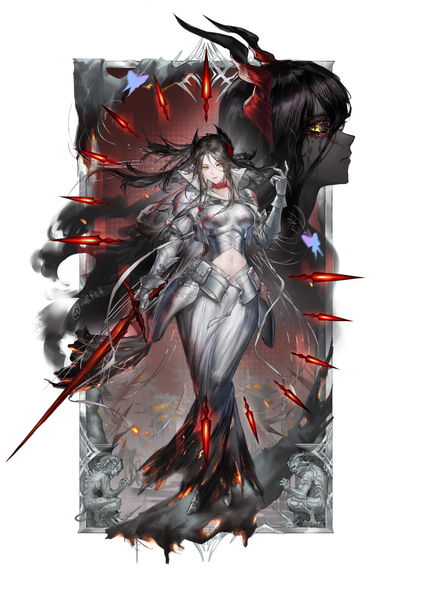 1girl, absurdres, arknights, armor, armored_dress, bandaged_neck, bandages, black_hair