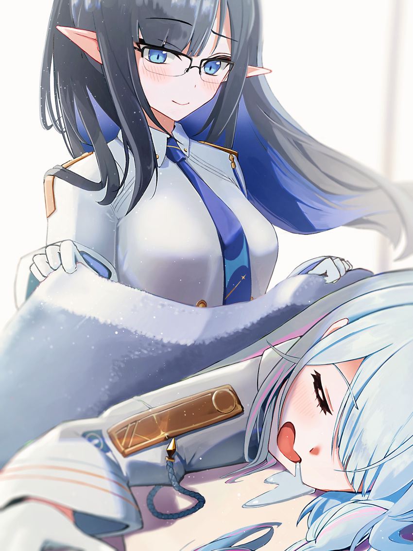 2girls, absurdres, black_hair, blanket, blue_archive, blue_eyes, blue_hair, blue_necktie