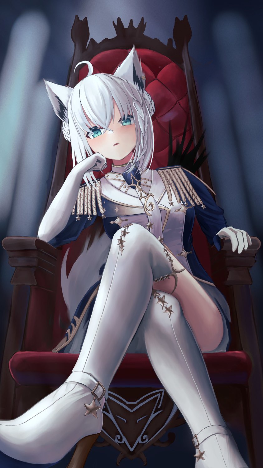 1girl, ahoge, animal_ear_fluff, animal_ears, blue_jacket, blurry, blurry_background, blush, boots, braid, chair, commentary_request, crossed_legs, daone, double_bun, earrings, epaulettes, fox_ears, fox_girl, fox_tail, gloves, green_eyes, hair_between_eyes, hair_bun, head_rest, highres, hololive, jacket, jewelry, looking_at_viewer, open_mouth, shirakami_fubuki, shirakami_fubuki_(fbkingdom), sidelocks, single_braid, sitting, sitting_on_throne, solo, star_(symbol), tail, thigh_boots, throne, virtual_youtuber, white_boots, white_gloves, white_hair, white_jacket