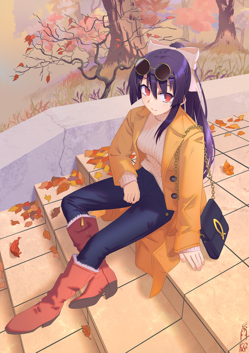 1girl, autumn, autumn_leaves, bag, boots, coat, commission, eyewear_on_head
