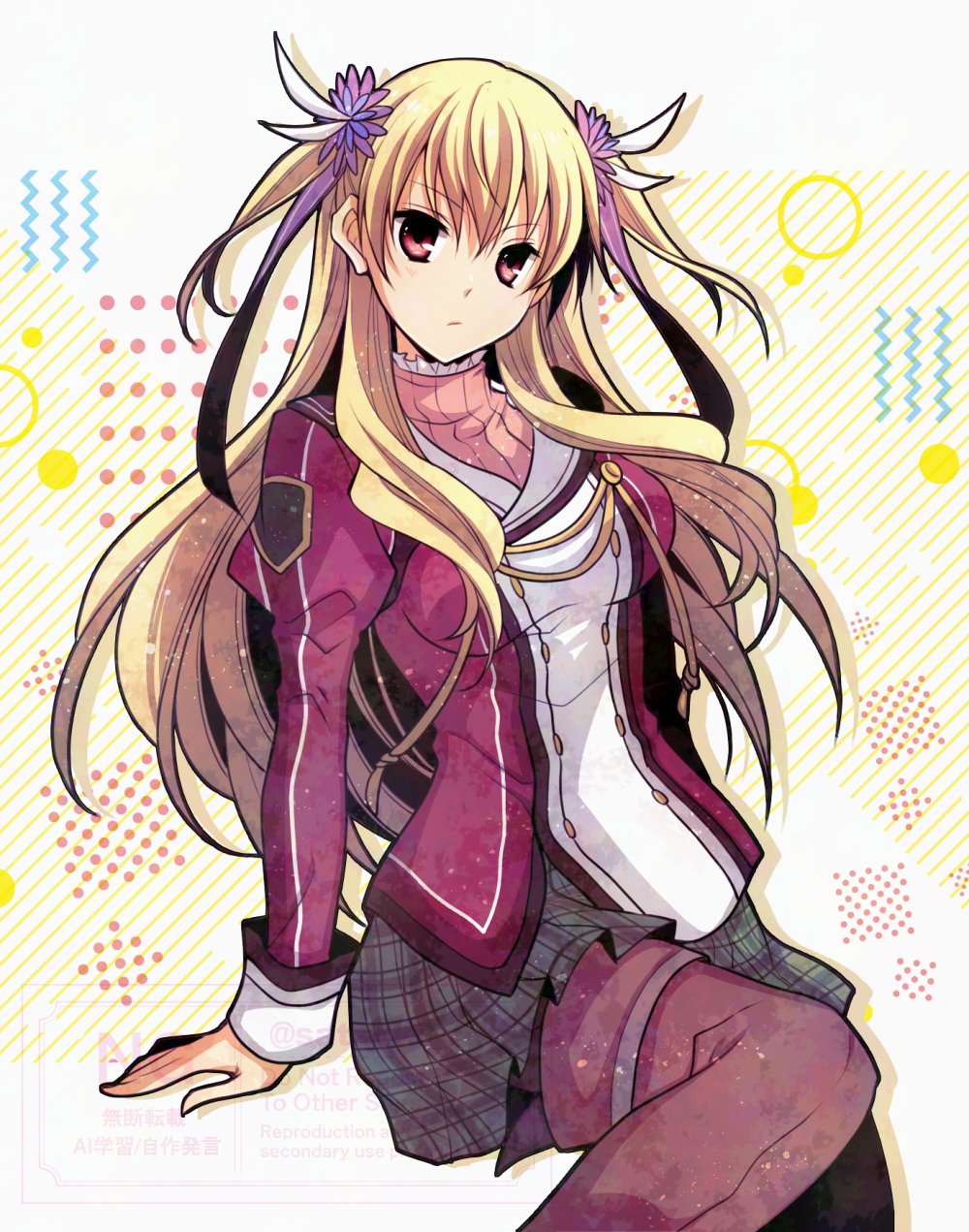 1girl, alisa_reinford, blonde_hair, double-parted_bangs, eiyuu_densetsu, floating_hair, hair_between_eyes, hair_ornament