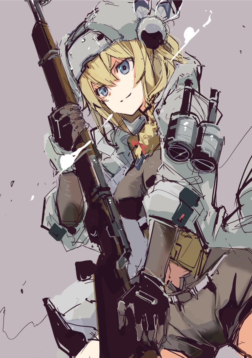 1girl, absurdres, bolt_action, capelet, coat, feathered_helmet, fur-trimmed_capelet, fur_hat