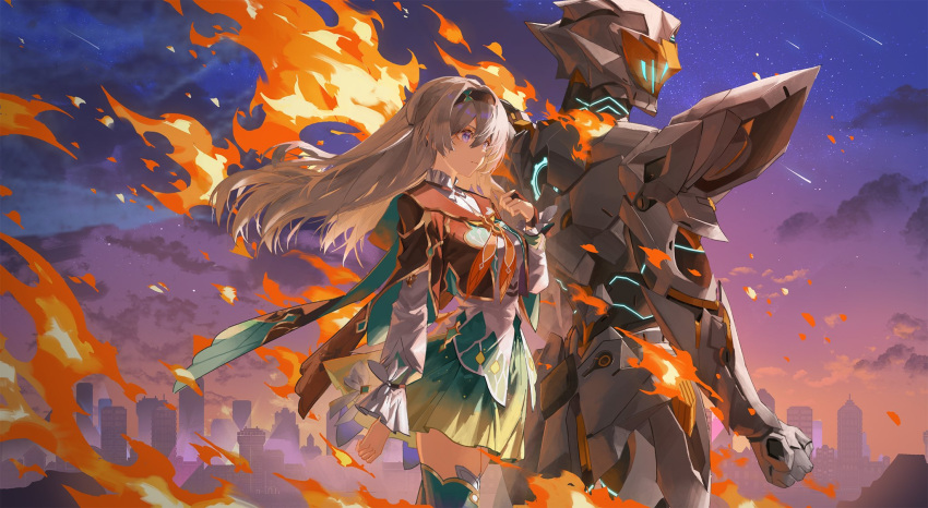 aqua_skirt, aqua_thighhighs, black_hairband, blue_pupils, bridal_gauntlets, cropped_jacket, firefly_(honkai:_star_rail), gradient_eyes