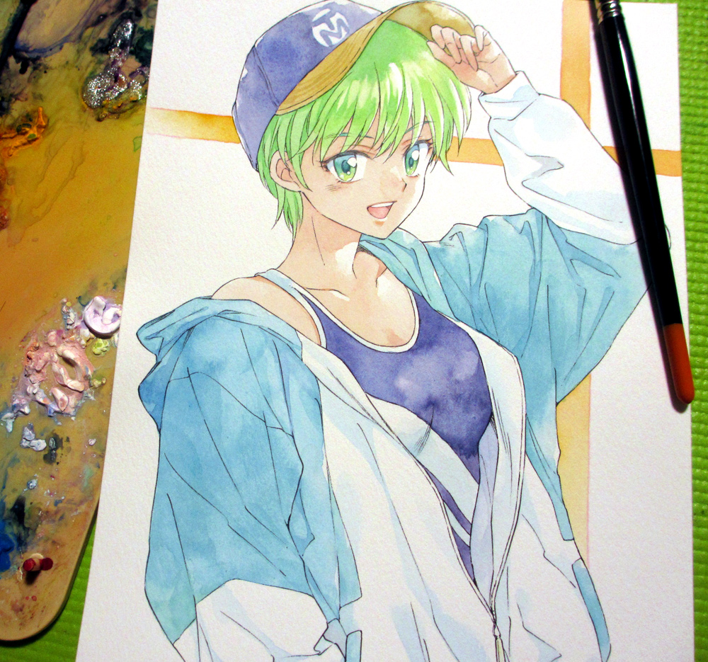 1girl, agahari, aqua_jacket, arm_up, art_tools_in_frame, baseball_cap, blue_hat, blue_one-piece_swimsuit, breasts, collarbone, commentary_request, green_eyes, green_hair, hat, hood, hooded_jacket, jacket, kiyokawa_nozomi, looking_at_viewer, medium_breasts, one-piece_swimsuit, open_clothes, open_jacket, open_mouth, painting_(medium), partially_unzipped, photo_(medium), short_hair, smile, solo, swimsuit, swimsuit_under_clothes, teeth, tokimeki_memorial, tokimeki_memorial_1, traditional_media, upper_body, upper_teeth_only