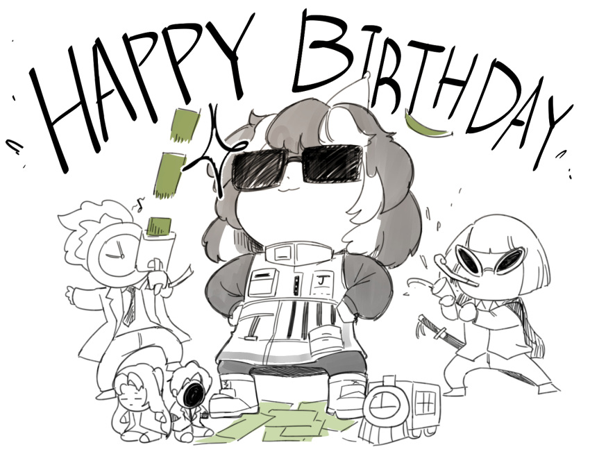 1boy, 2girls, 2others, angela_(project_moon), black_mask, black_pants, bob_cut, coat, collared_shirt, commentary_request, dante_(limbus_company), exadcr95, happy_birthday, highres, jacket, jang_schna, korean_commentary, library_of_ruina, limbus_company, lobotomy_corporation, long_hair, mask, medium_hair, mephistopheles_(project_moon), money, monochrome, multiple_girls, multiple_others, necktie, ootachi, pants, project_moon, roland_(project_moon), ryoshu_(project_moon), shirt, shoes, short_hair, simple_background, spot_color, sunglasses, white_background, white_jacket
