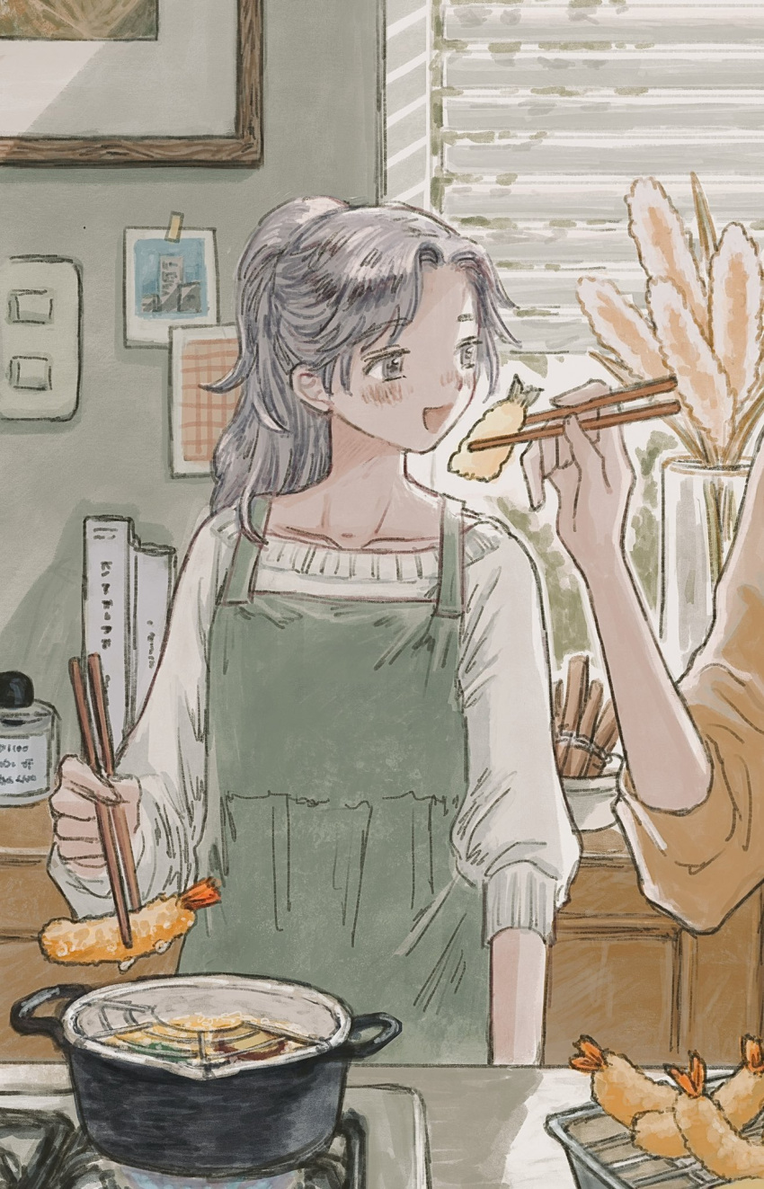 1girl, apron, black_eyes, black_hair, blush, chopsticks, collarbone, commentary