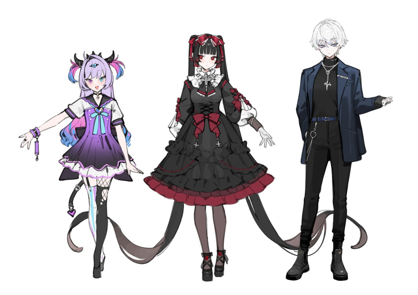3girls, absurdly_long_hair, androgynous, asymmetrical_legwear, belt, black_dress, black_horns, black_pants, black_pantyhose, black_shirt, black_shoes, blazer, blue_eyes, blue_jacket, blue_ribbon, blunt_bangs, closed_mouth, collared_dress, commentary_request, cross, cross_necklace, dress, frilled_dress, frills, full_body, gokubara_michika, gothic_lolita, hair_ribbon, heterochromia, highres, horns, jacket, jewelry, lolita_fashion, long_hair, long_sleeves, looking_at_viewer, mismatched_legwear, moudoku_denpa_shoujo_purple_lollipop, multicolored_hair, multiple_girls, nechika-sama, necklace, needy_girl_overdose, official_art, ohisashiburi, pants, pantyhose, purple_dress, purple_hair, red_eyes, red_ribbon, ribbon, ring, second-party_source, shirt, shoes, short_dress, short_hair, simple_background, smile, standing, streaked_hair, thigh-highs, torn_clothes, torn_thighhighs, twintails, two_side_up, very_long_hair, violet_eyes, white_background, white_hair