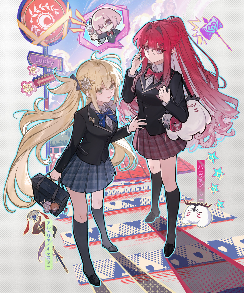 3girls, absurdres, artoria_caster_(fate), artoria_pendragon_(fate), baobhan_sith_(fate), black_shirt, blonde_hair, blue_skirt