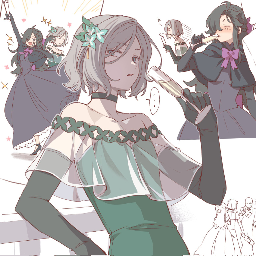 ..., 0kara96, 2boys, alcohol, bare_shoulders, black_capelet, black_choker, black_dress, black_gloves, black_hair, blush, bottle, bow, bowtie, capelet, champagne, champagne_flute, choker, closed_eyes, collarbone, crossdressing, cup, dancing, dress, drinking, drinking_glass, elbow_gloves, flower, formal_clothes, gloves, green_dress, grey_eyes, grey_hair, hair_between_eyes, hair_flower, hair_ornament, hair_over_one_eye, half_updo, hand_up, high_heels, highres, holding, holding_bottle, holding_cup, leaning_back, long_hair, looking_at_viewer, male_focus, multiple_boys, multiple_views, natsuki_subaru, off-shoulder_dress, off_shoulder, otto_suewen, parted_lips, purple_bow, purple_bowtie, purple_capelet, railing, re:zero_kara_hajimeru_isekai_seikatsu, see-through_clothes, short_hair, sparkle, speech_bubble, spoken_ellipsis, trap, upper_body, white_background