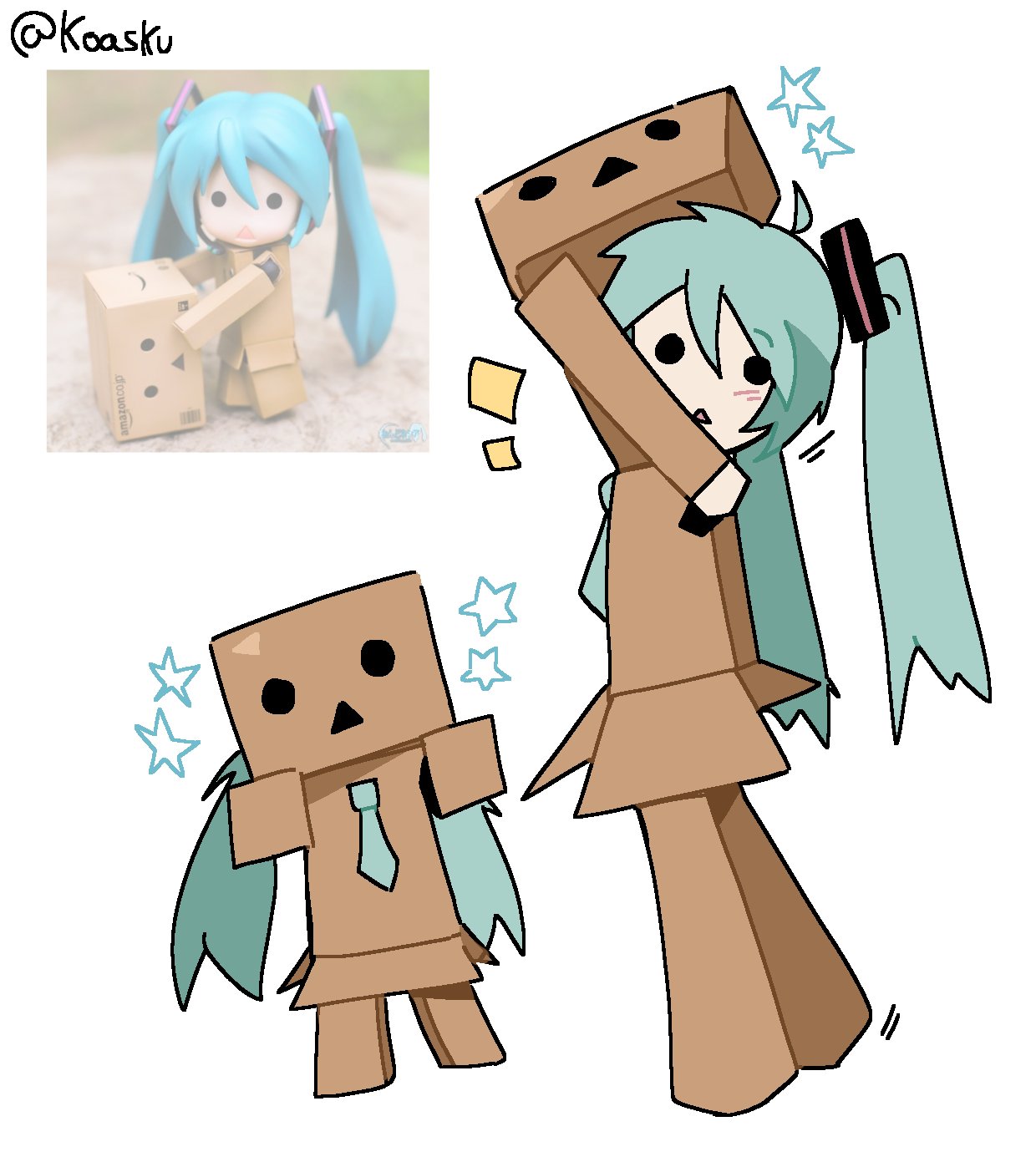 1girl, ahoge, amazon_(company), aqua_hair, aqua_necktie, blush, box, cosplay