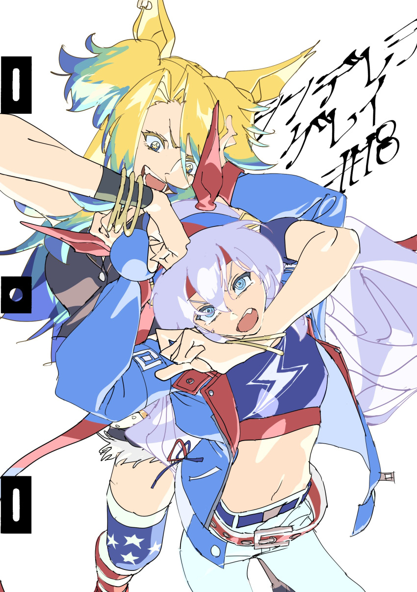 2girls, absurdres, american_flag, american_flag_print, animal_ears, annoyed, armband, belt