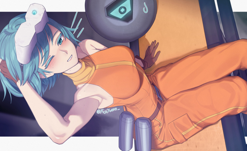 1girl, absurdres, armpit_focus, armpits, blue_eyes, blue_hair, blush, breasts