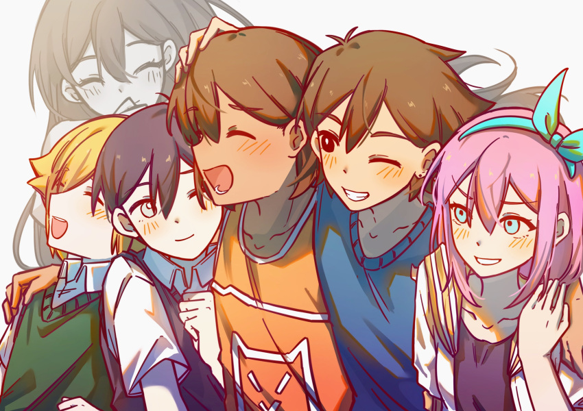 2girls, 4boys, :d, ;d, ^_^, antenna_hair, aqua_hairband, arm_around_shoulder