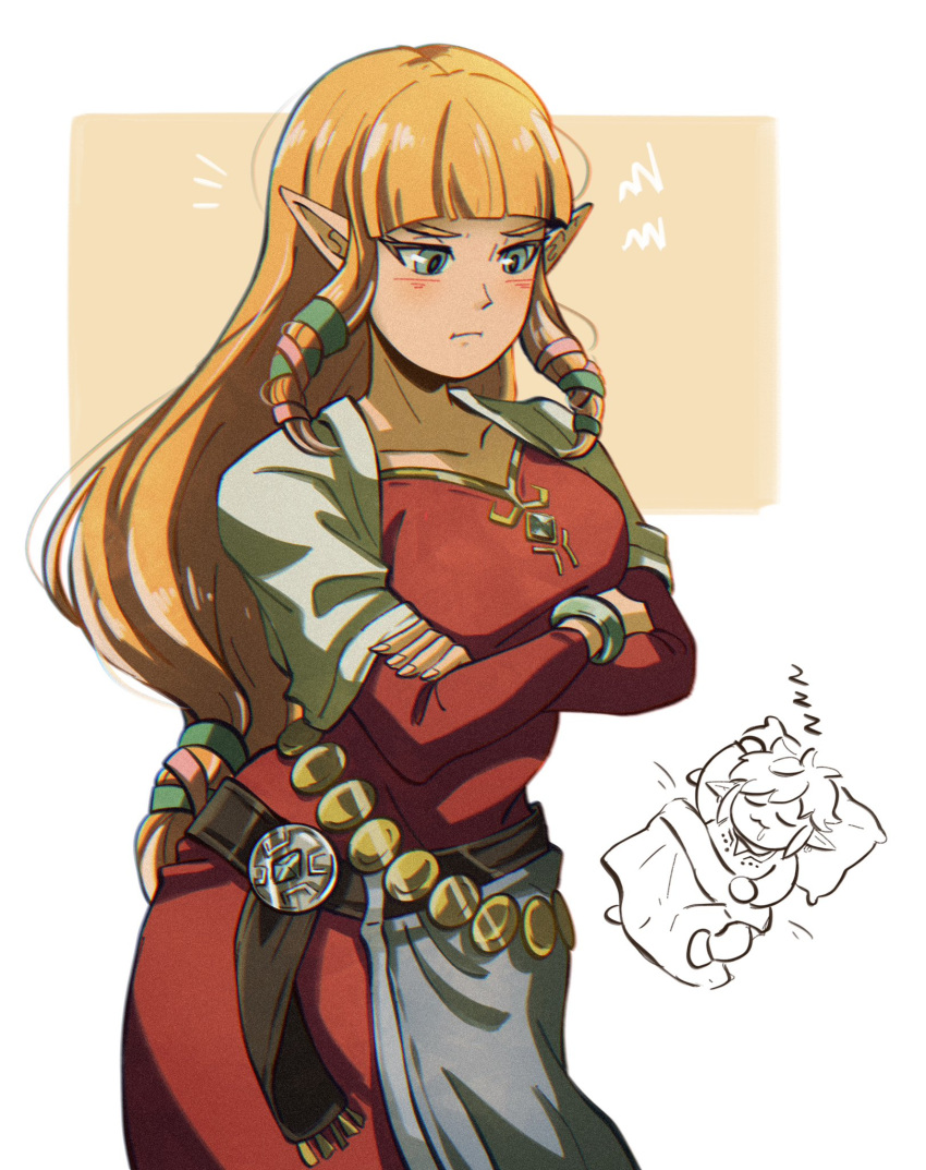 1boy, 1girl, belt, blonde_hair, bracelet, collarbone, commentary, crossed_arms