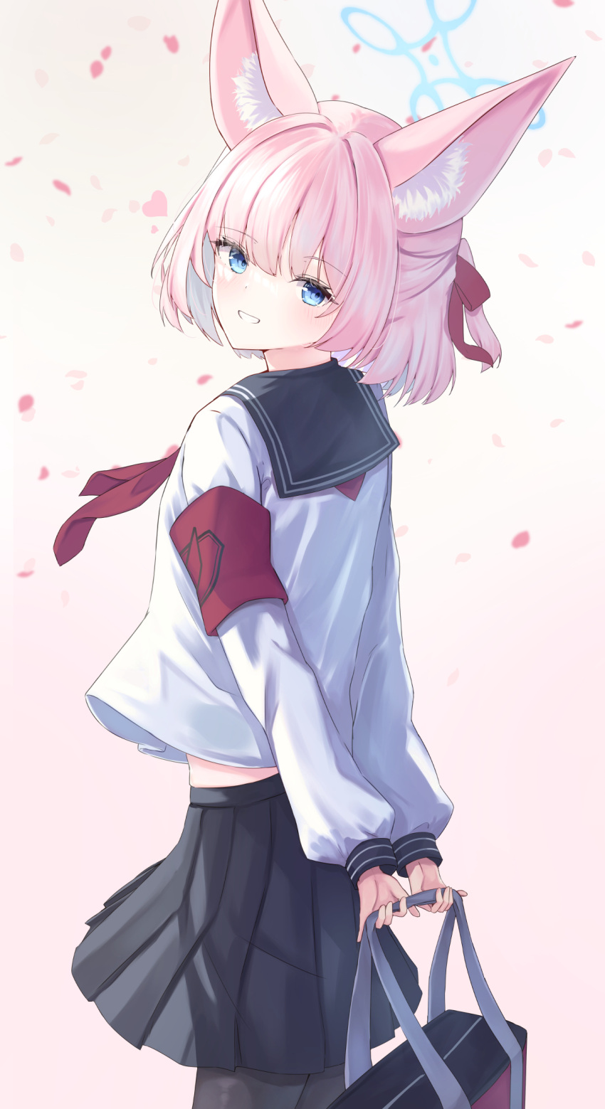 1girl, :d, aki_tsune, animal_ear_fluff, animal_ears, armband, arms_behind_back, backlighting