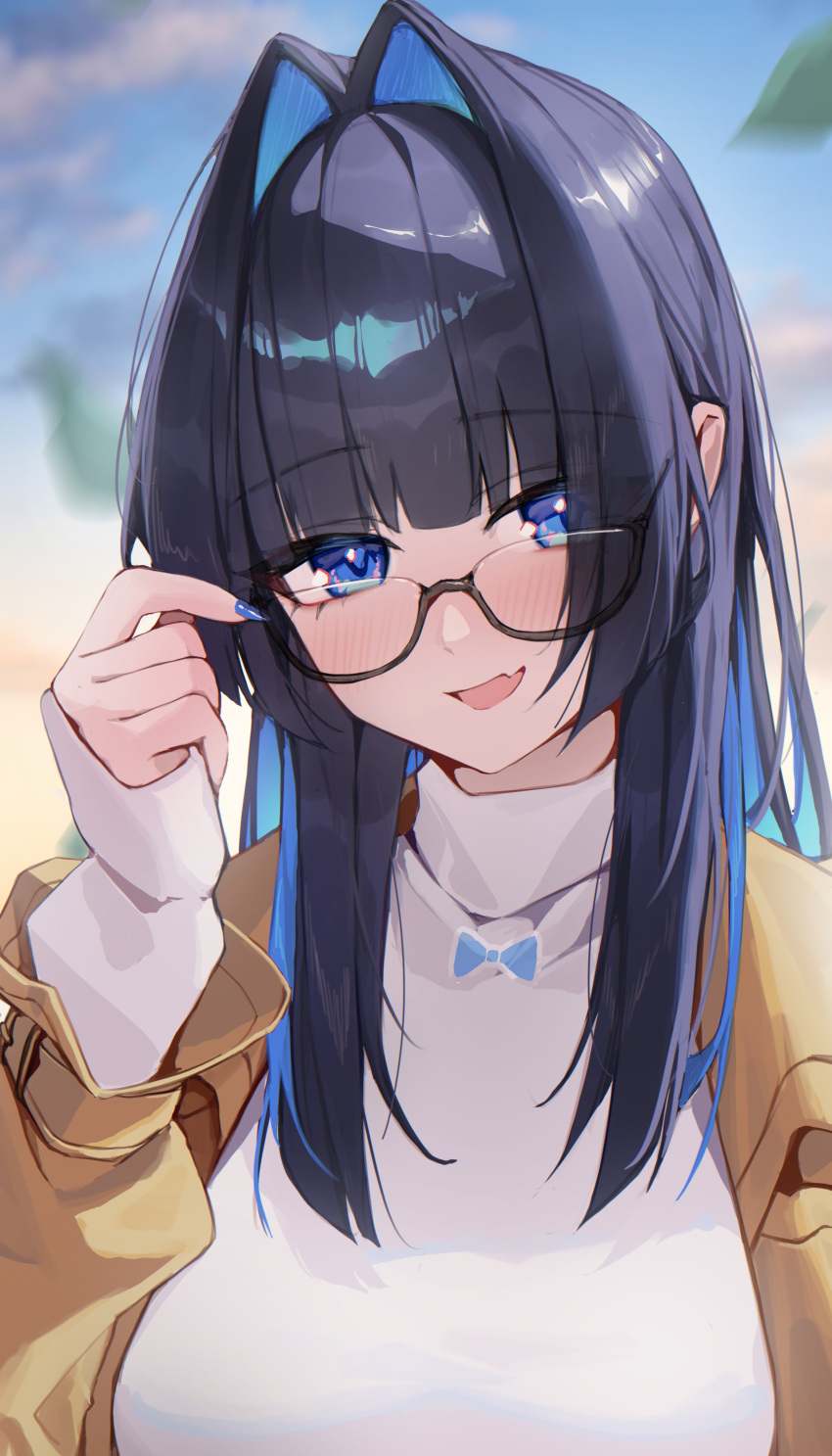 1girl, absurdres, black-framed_eyewear, blue_eyes, blue_hair, blue_nails, blunt_bangs, blurry