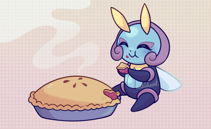 antennae, brown_background, closed_eyes, eating, food, full_body, highres, illumise, inkie-heart, insect_wings, no_humans, patterned_background, pi_day, pie, pokemon, pokemon_(creature), sitting, solo, steam, wings