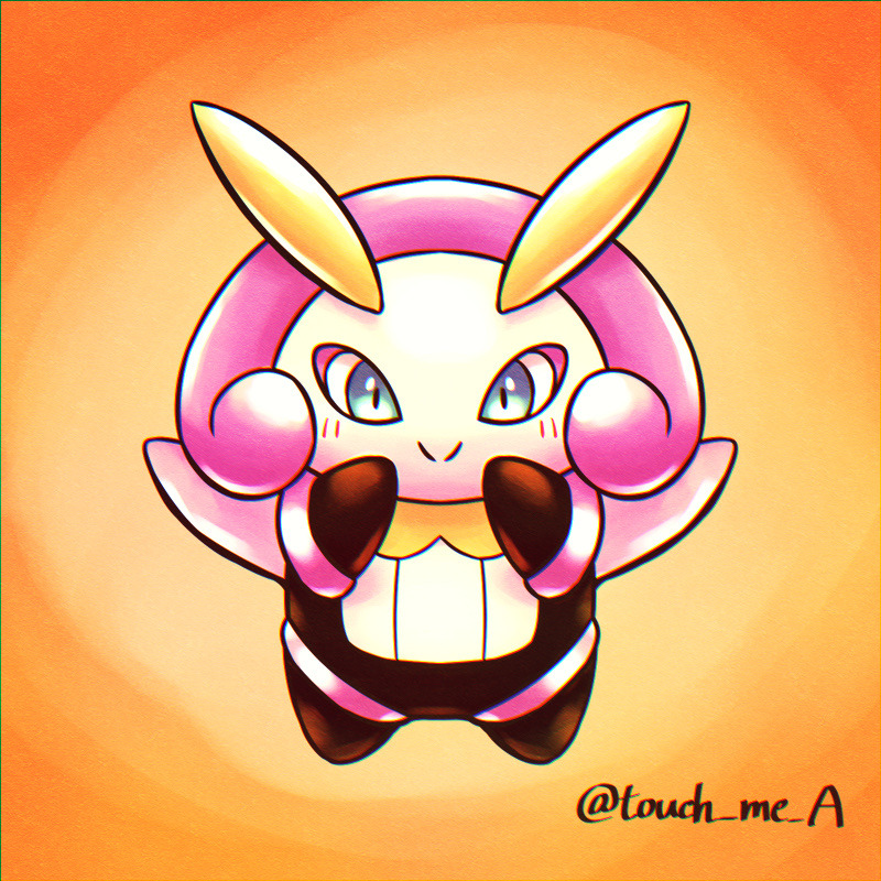 antennae, artist_name, blue_eyes, full_body, gradient_background, illumise, insect_wings, looking_at_viewer, no_humans, orange_background, pokemon, pokemon_(creature), solo, touch_me_a, wings
