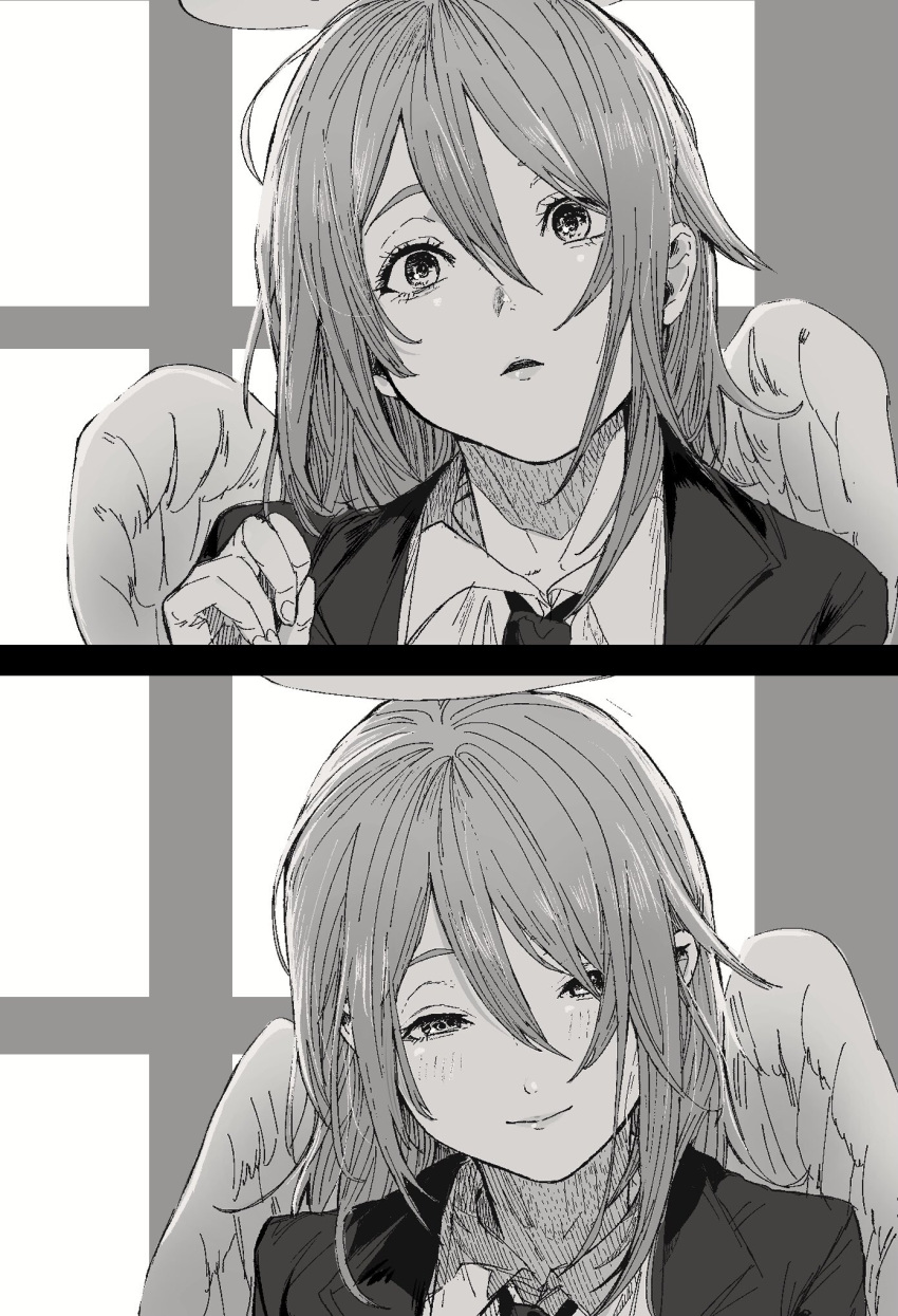 029tintin, 1boy, androgynous, angel, angel_devil_(chainsaw_man), chainsaw_man, closed_mouth, collared_shirt