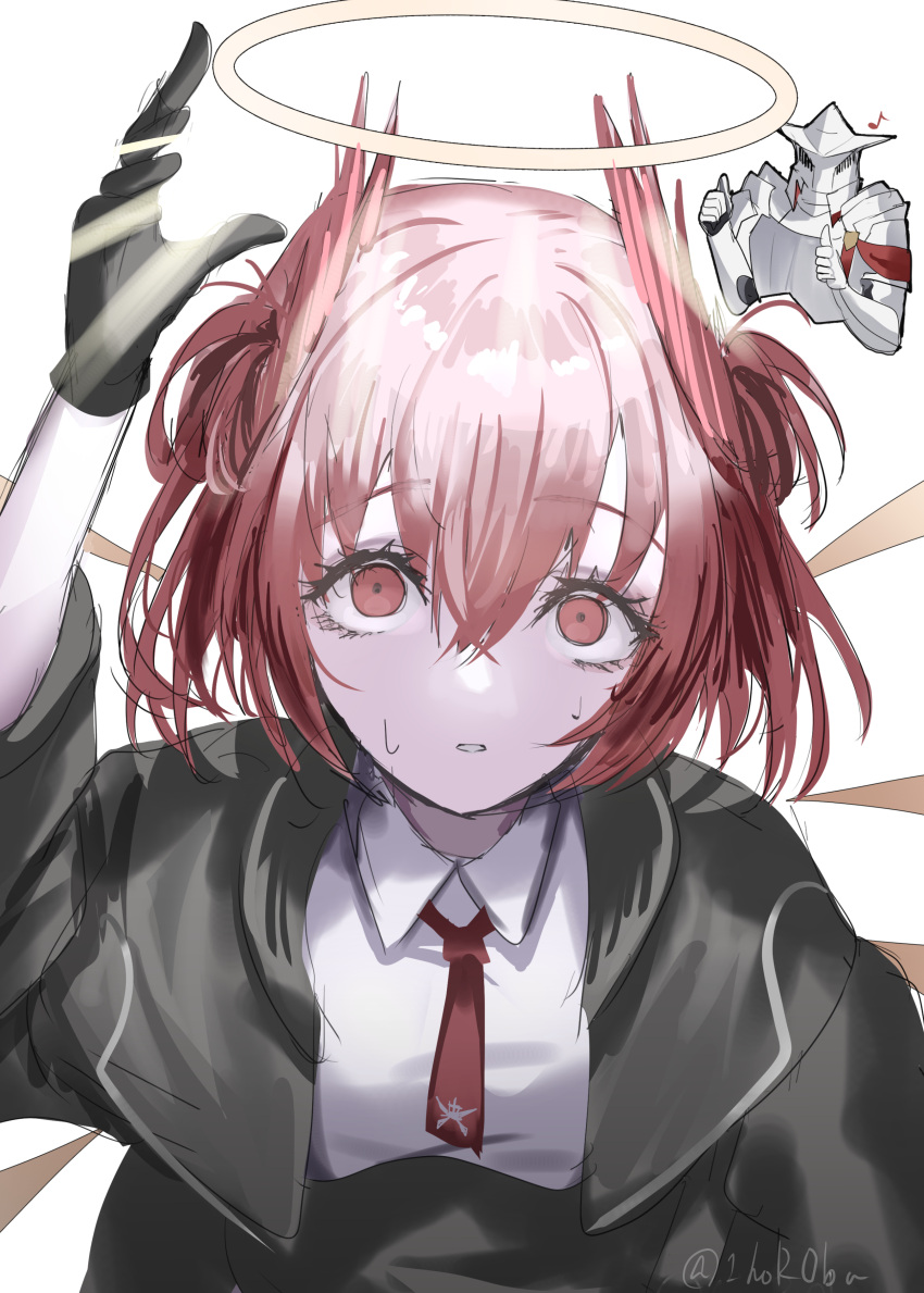 1girl, absurdres, adoptive_grandparent_and_adoptive_grandchild, arknights, armor, bird_girl, black_gloves, black_jacket