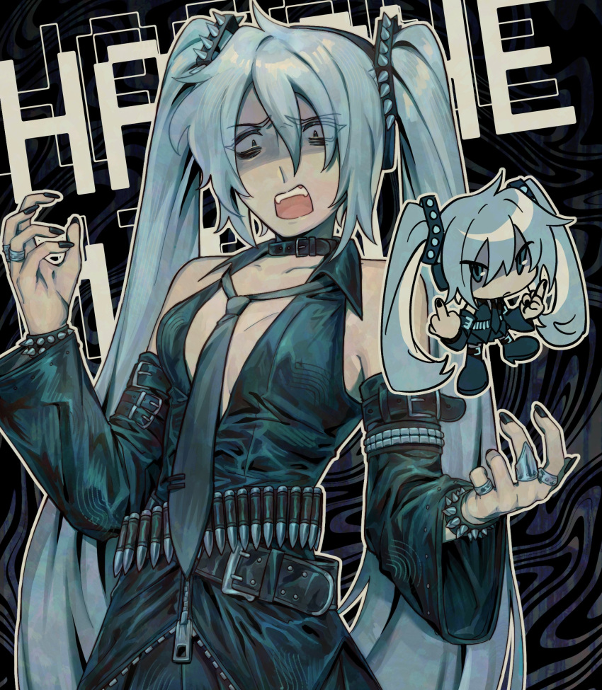 1girl, ammunition_belt, black_nails, black_necktie, black_sleeves, blue_eyes, bracelet, collar