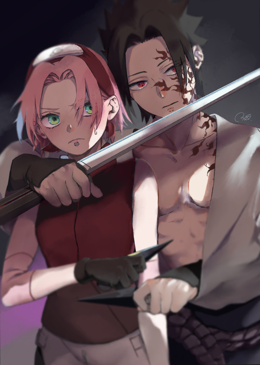 1boy, 1girl, at_knifepoint, black_gloves, black_hair, commentary_request, expressionless, facial_mark
