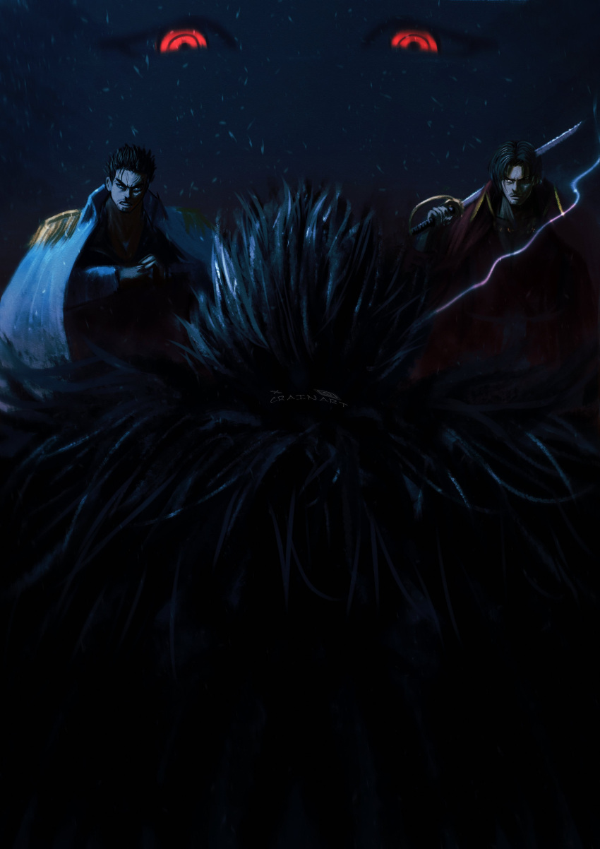 1other, 3boys, absurdres, artist_name, black_hair, cape, closed_mouth, coat