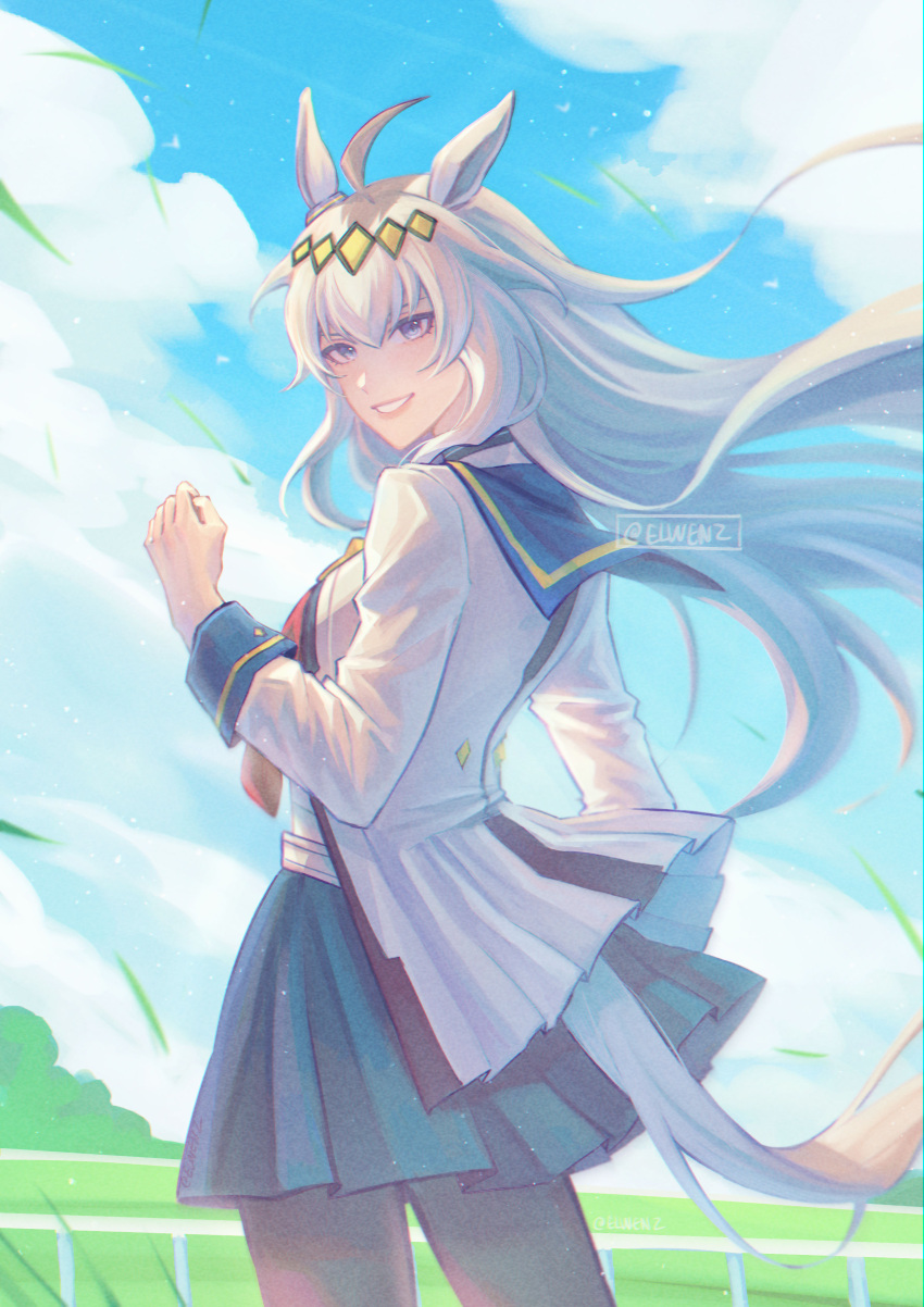1girl, absurdres, ahoge, animal_ears, blue_eyes, blue_sailor_collar, blue_skirt, blue_sky