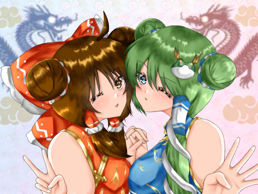 2girls, :d, ahoge, alternate_costume, asymmetrical_docking, bare_shoulders, blue_dress, blue_eyes, breast_press, brown_eyes, brown_hair, china_dress, chinese_clothes, commentary_request, double_bun, dragon_background, dress, eyelashes, frilled_hair_tubes, frills, frog_hair_ornament, gold_trim, green_hair, hair_between_eyes, hair_bun, hair_ornament, hair_tubes, hakurei_reimu, highres, kochiya_sanae, lekkapanda, long_hair, multiple_girls, one_eye_closed, portrait, red_dress, single_hair_tube, sleeveless, sleeveless_dress, smile, snake_hair_ornament, touhou, v, waving, white_background