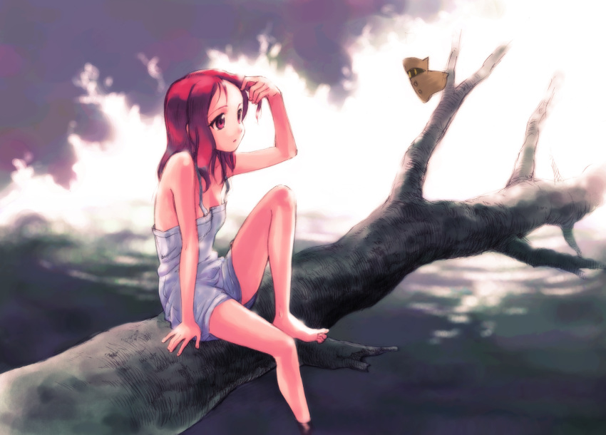 akari_(konomini), barefoot, dress, feet, feet_in_water, highres, kono_minikuku_mo_utsukushii_sekai, legs, red_eyes, red_hair, redhead, sae9, saeki_shouji, sitting, soaking_feet, solo, water, white_dress