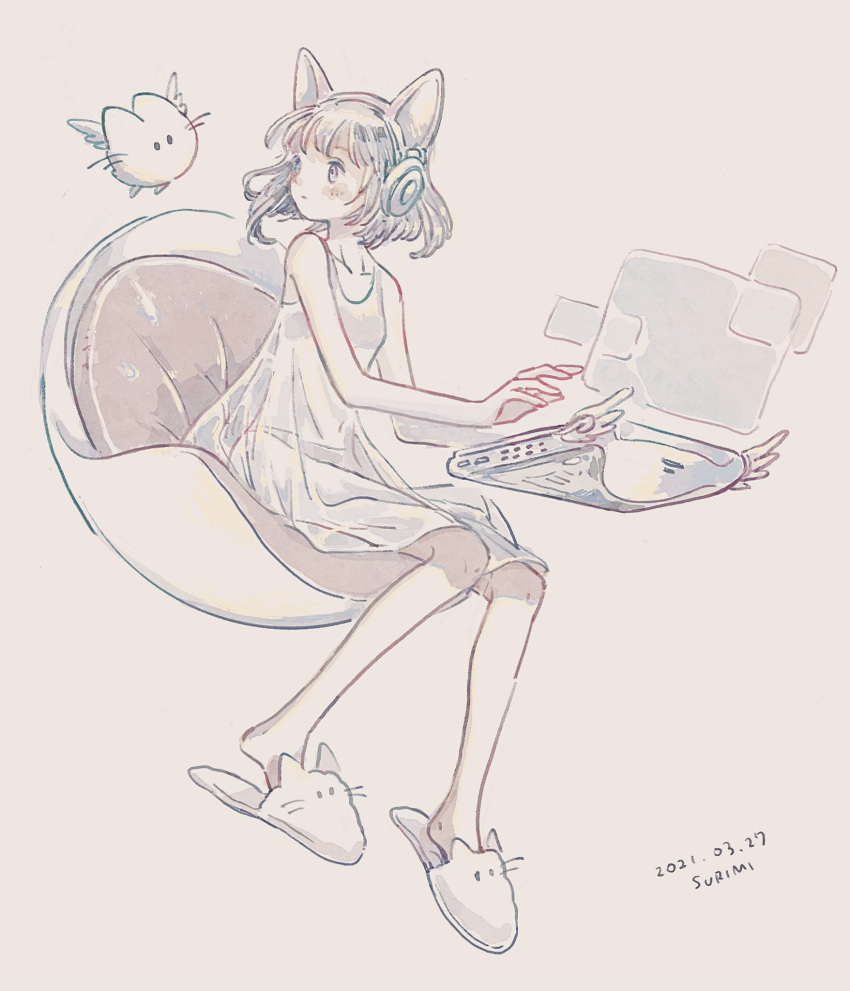1girl, animal_ear_headphones, animal_ears, animal_slippers, artist_name, bare_shoulders, blush, closed_mouth