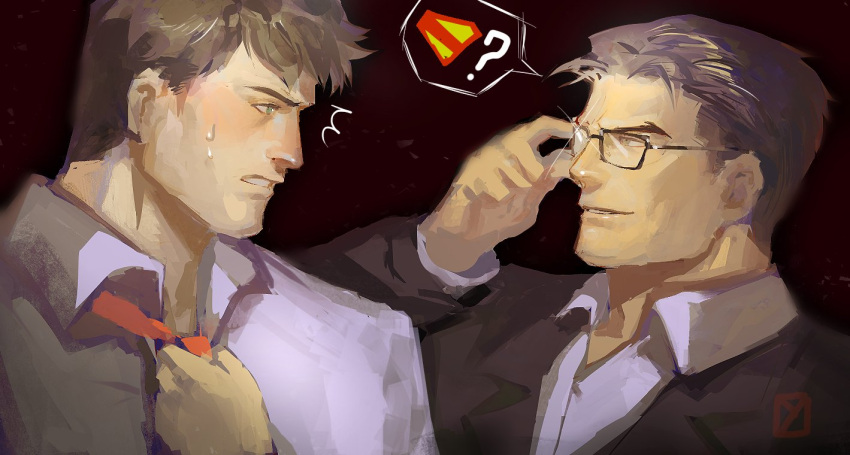 2boys, ?, adjusting_eyewear, arm_up, batman_(series), black-framed_eyewear, black_background, black_hair