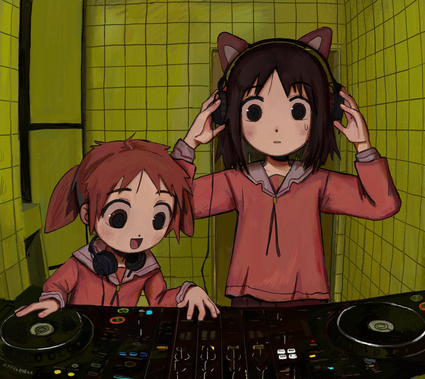 2girls, :d, absurdres, animal_ear_headphones, animal_ears, azumanga_daioh, azumanga_daioh's_school_uniform, berlin