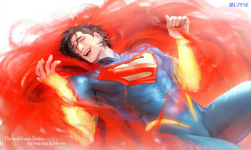 1boy, absolute_dc, absolute_superman, arms_up, artist_name, black_hair, blue_bodysuit, bodysuit