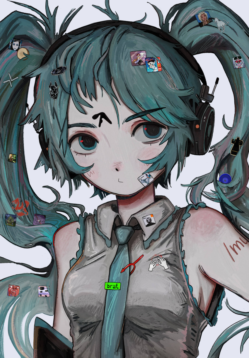 100_gecs, 1girl, absurdres, album_cover, aphex_twin, aqua_eyes, aqua_hair, aqua_necktie