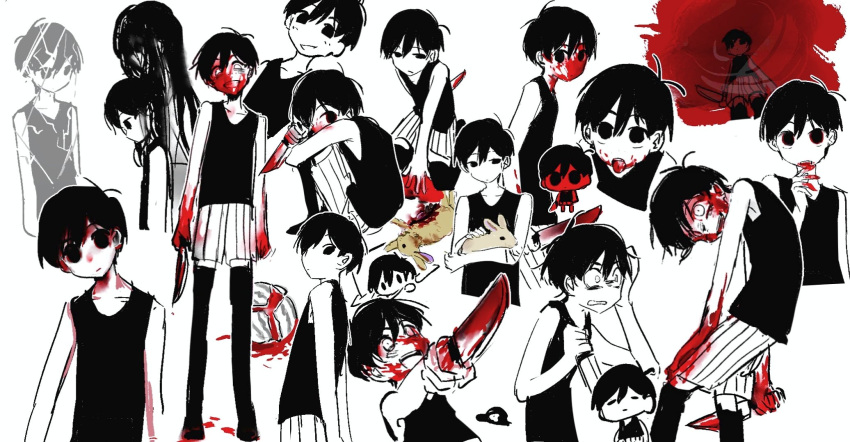 0_scyf, 1girl, 2boys, animal, antenna_hair, black_tank_top, black_thighhighs, blood