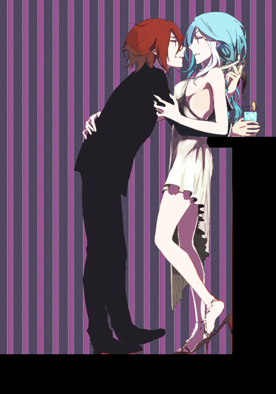 blue_eyes, blue_hair, dress, drink, formal, glass, high_heels, inazuma_eleven